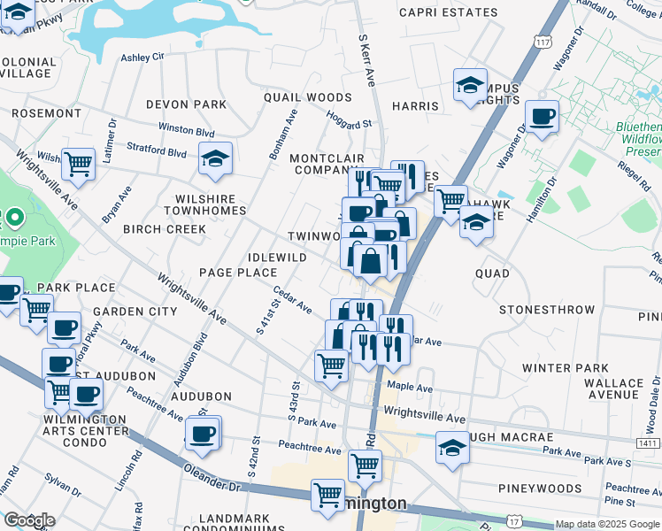 map of restaurants, bars, coffee shops, grocery stores, and more near 4220 Wilshire Boulevard in Wilmington