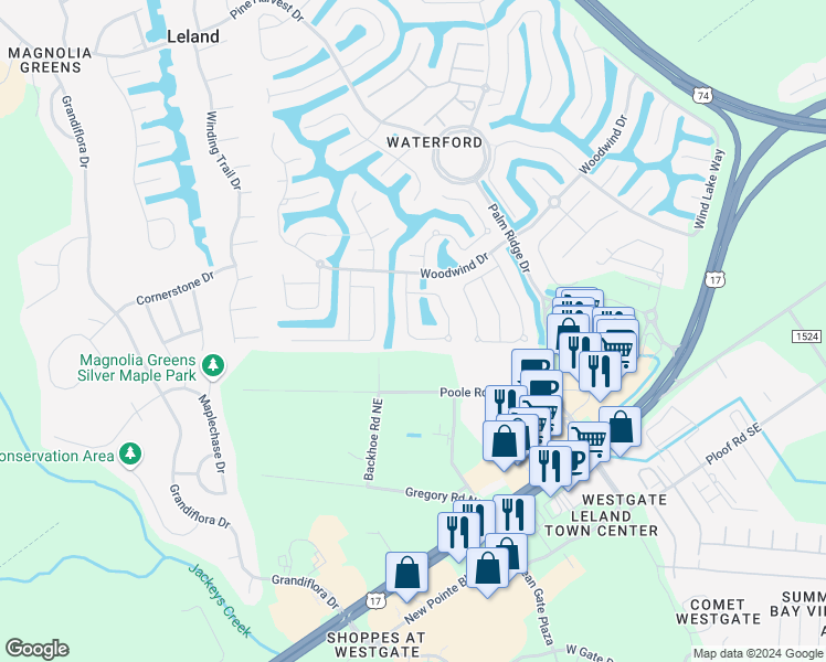 map of restaurants, bars, coffee shops, grocery stores, and more near 1021 Golden Sands Way in Leland
