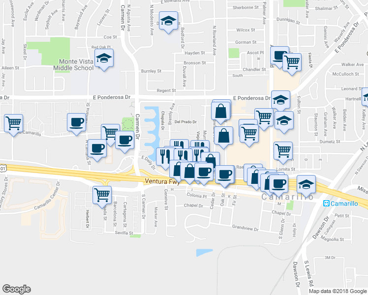map of restaurants, bars, coffee shops, grocery stores, and more near 349 Capistrano Court in Camarillo