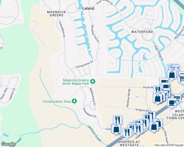 map of restaurants, bars, coffee shops, grocery stores, and more near 1013 Meadowgrass Lane in Leland