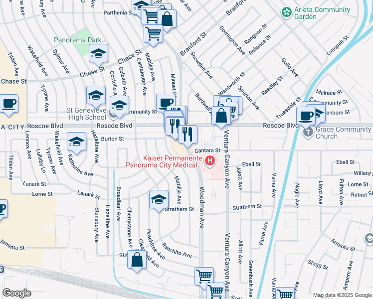 map of restaurants, bars, coffee shops, grocery stores, and more near 8205 Woodman Avenue in Los Angeles