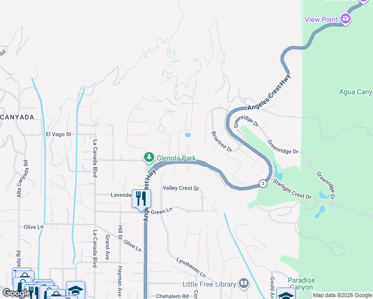 map of restaurants, bars, coffee shops, grocery stores, and more near 5229 Pizzo Ranch Road in La Cañada Flintridge