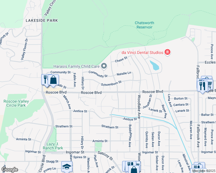 map of restaurants, bars, coffee shops, grocery stores, and more near 8323 Gustav Lane in Los Angeles