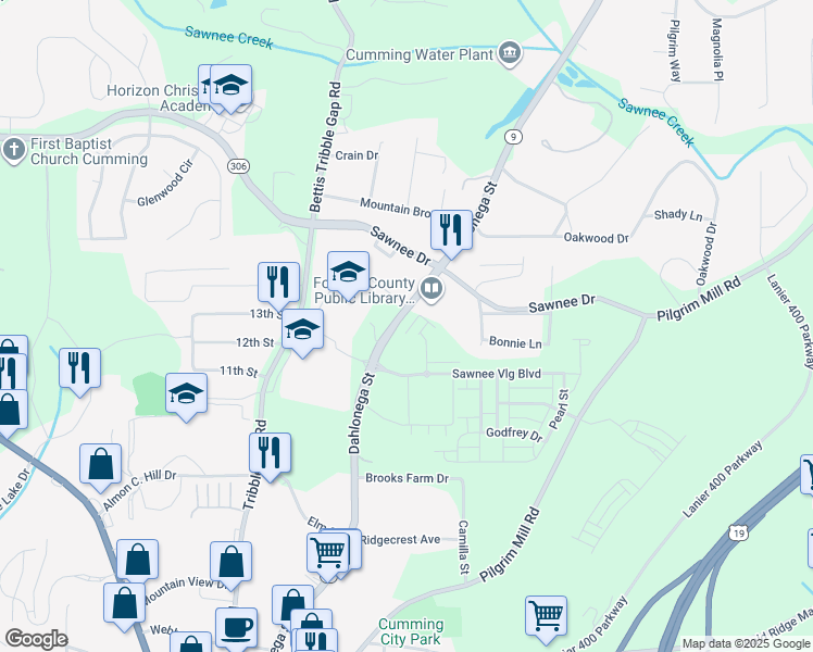 map of restaurants, bars, coffee shops, grocery stores, and more near 549-585 Dahlonega St in Cumming