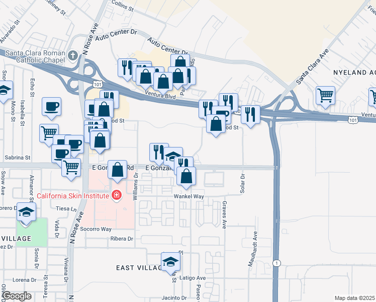 map of restaurants, bars, coffee shops, grocery stores, and more near 1901 Outlet Center Drive in Oxnard