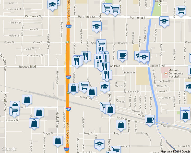 map of restaurants, bars, coffee shops, grocery stores, and more near 8225 Sepulveda Boulevard in Los Angeles