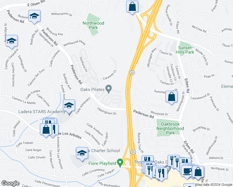 map of restaurants, bars, coffee shops, grocery stores, and more near 1534 Holly Court in Thousand Oaks