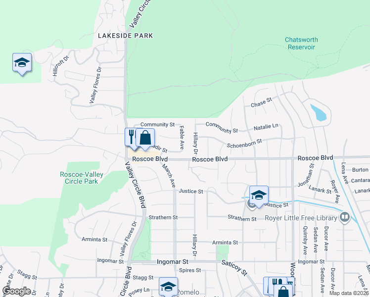 map of restaurants, bars, coffee shops, grocery stores, and more near 8307 Hillary Drive in Los Angeles