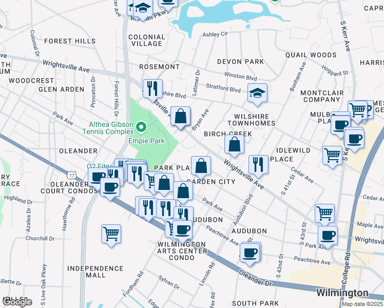 map of restaurants, bars, coffee shops, grocery stores, and more near 3625 Caswell Street in Wilmington