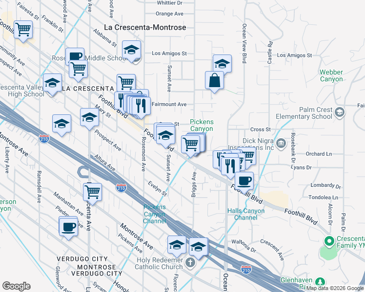 map of restaurants, bars, coffee shops, grocery stores, and more near 2415 1/2 Foothill Boulevard in La Crescenta-Montrose