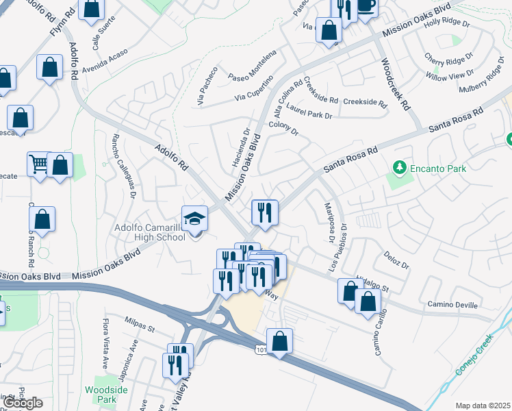 map of restaurants, bars, coffee shops, grocery stores, and more near 4955 Galano Drive in Camarillo