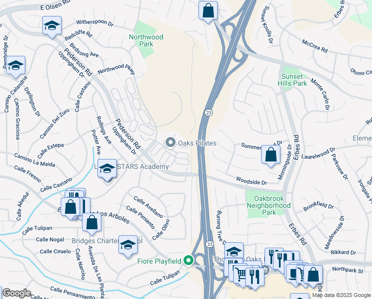 map of restaurants, bars, coffee shops, grocery stores, and more near 1546 Holly Court in Thousand Oaks
