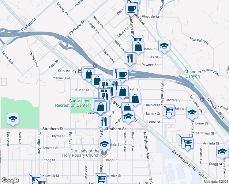 map of restaurants, bars, coffee shops, grocery stores, and more near 10889 Cantara Street in Los Angeles