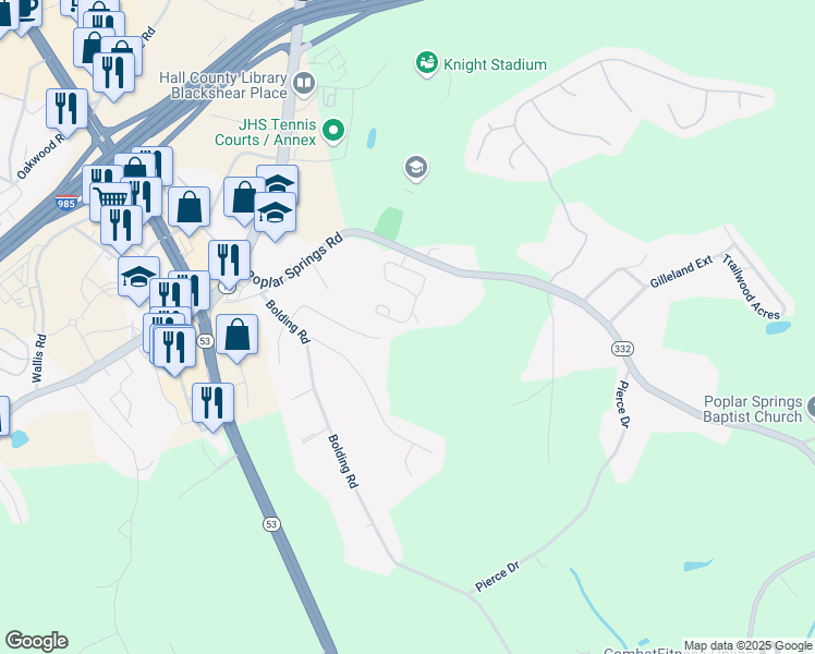 map of restaurants, bars, coffee shops, grocery stores, and more near 3567 Browning Drive in Flowery Branch