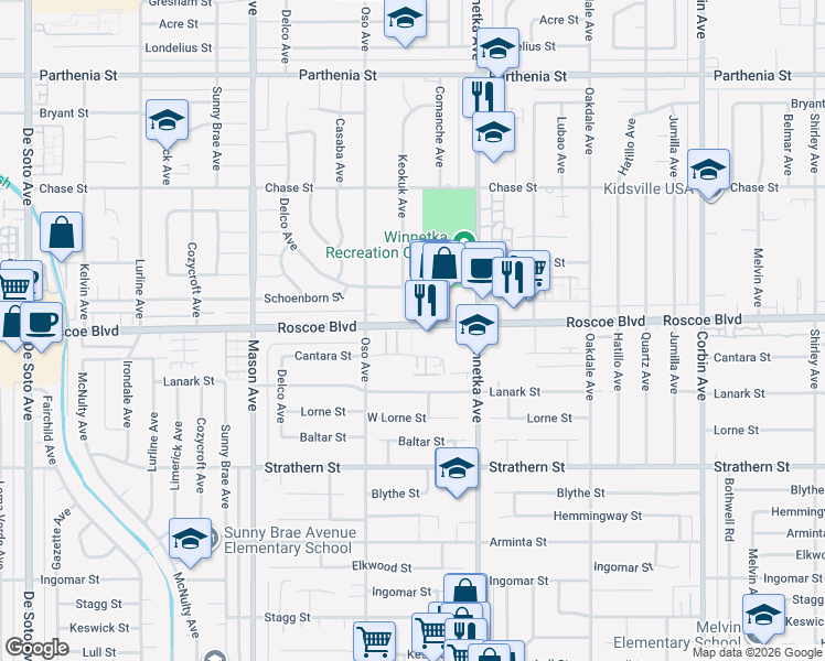 map of restaurants, bars, coffee shops, grocery stores, and more near 20216 Roscoe Boulevard in Los Angeles