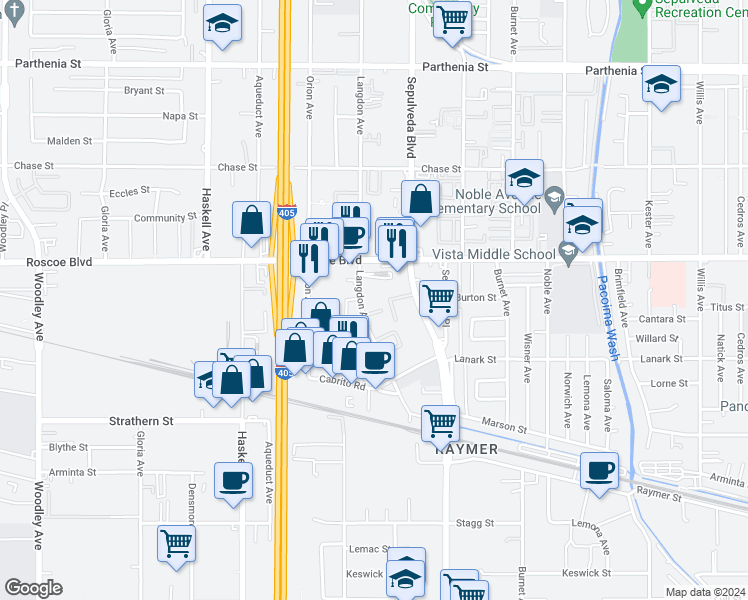 map of restaurants, bars, coffee shops, grocery stores, and more near 8165 Langdon Avenue in Los Angeles