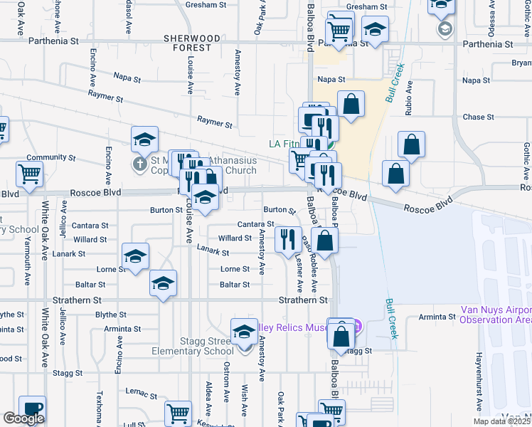 map of restaurants, bars, coffee shops, grocery stores, and more near 17107 Cantara Street in Los Angeles