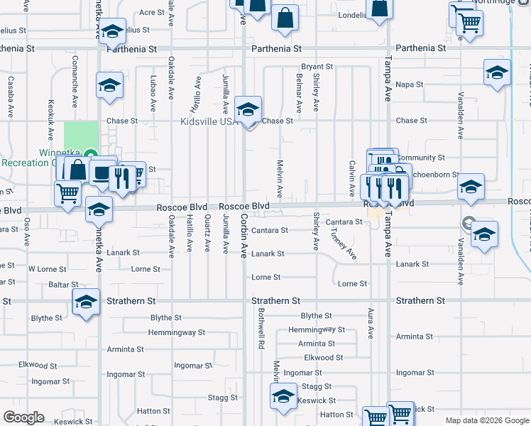 map of restaurants, bars, coffee shops, grocery stores, and more near 19631 Cantara Street in Los Angeles