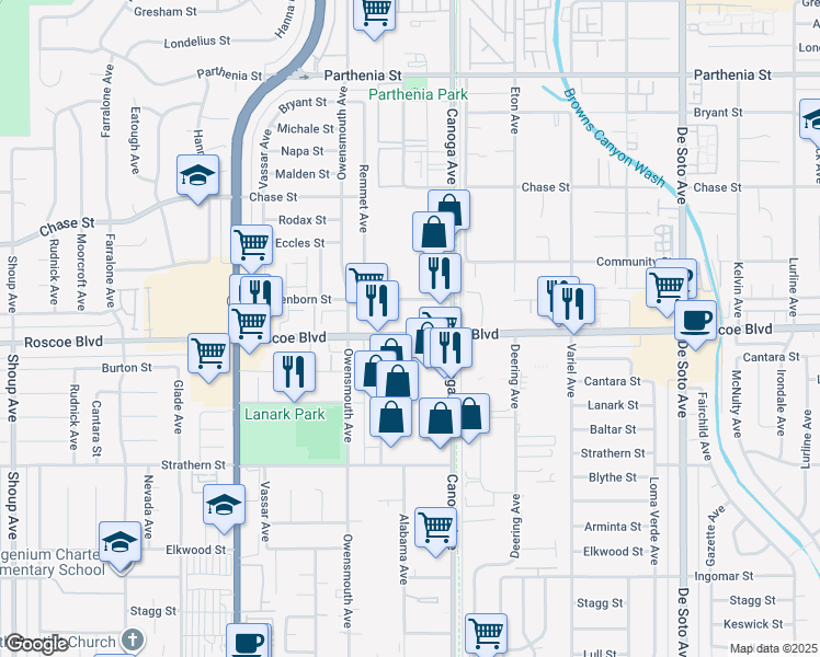 map of restaurants, bars, coffee shops, grocery stores, and more near 21422 Roscoe Boulevard in Los Angeles