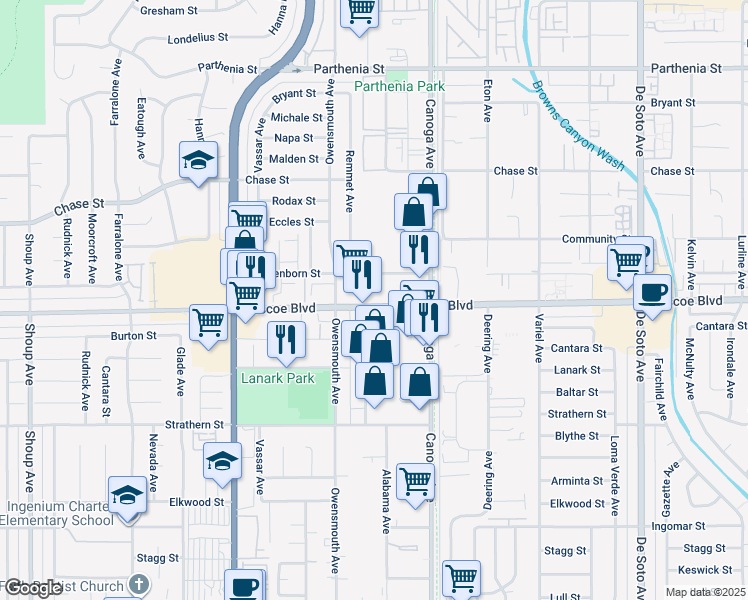 map of restaurants, bars, coffee shops, grocery stores, and more near in Los Angeles