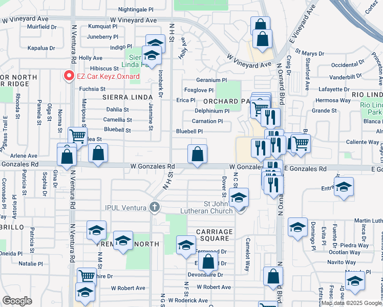 map of restaurants, bars, coffee shops, grocery stores, and more near 900 Ginger Street in Oxnard