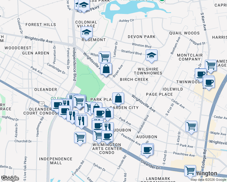 map of restaurants, bars, coffee shops, grocery stores, and more near 3625 Caswell Street in Wilmington