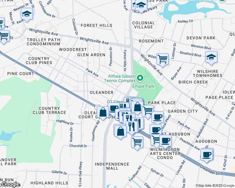 map of restaurants, bars, coffee shops, grocery stores, and more near 1317 Hawthorne Road in Wilmington