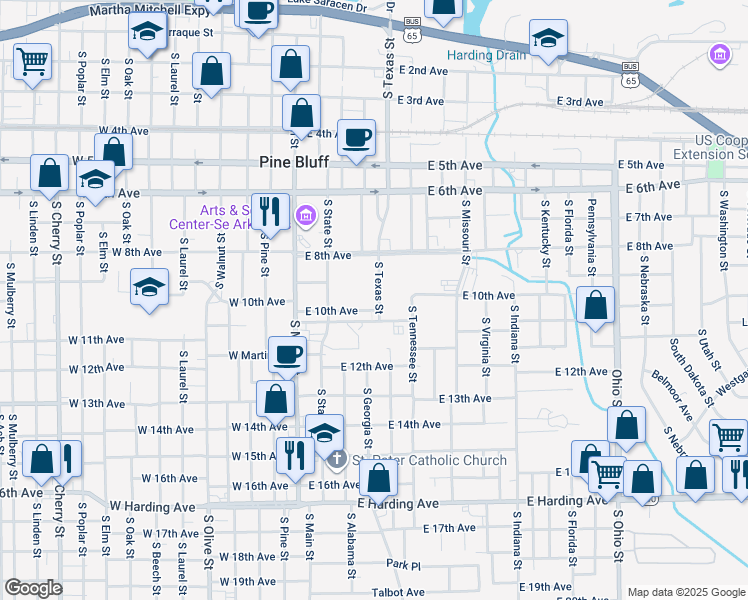 map of restaurants, bars, coffee shops, grocery stores, and more near in Pine Bluff