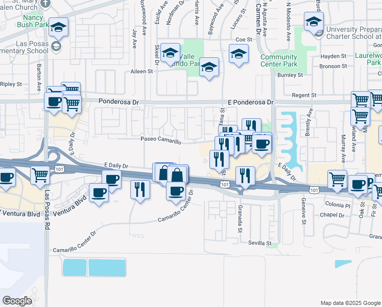 map of restaurants, bars, coffee shops, grocery stores, and more near 770 Paseo Camarillo in Camarillo