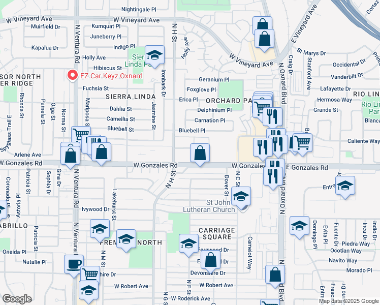 map of restaurants, bars, coffee shops, grocery stores, and more near 1925 Ginger Street in Oxnard