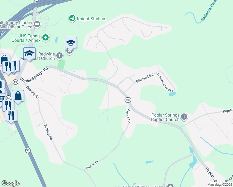 map of restaurants, bars, coffee shops, grocery stores, and more near 3442 Poplar Springs Road in Gainesville