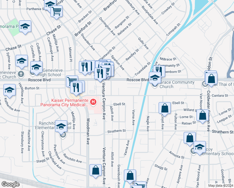 map of restaurants, bars, coffee shops, grocery stores, and more near 8201 Greenbush Avenue in Los Angeles