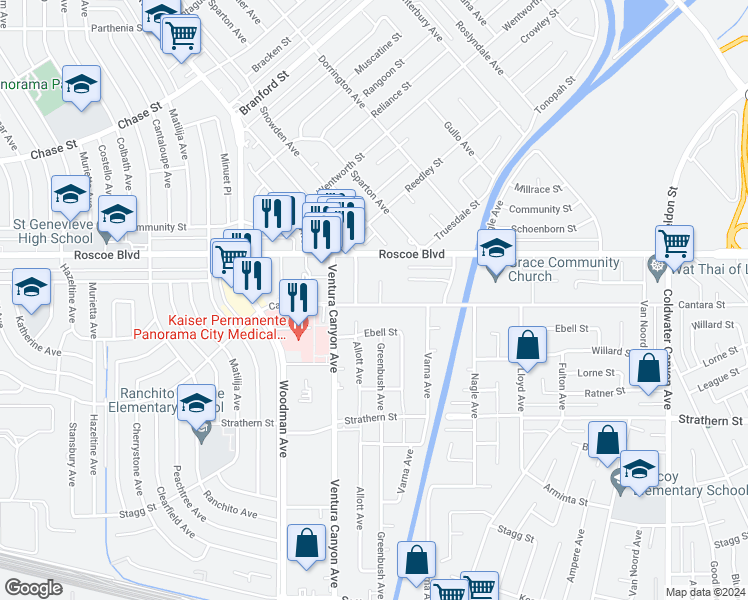map of restaurants, bars, coffee shops, grocery stores, and more near 8201 Greenbush Avenue in Los Angeles