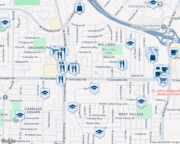map of restaurants, bars, coffee shops, grocery stores, and more near 1930 Del Amo Way in Oxnard