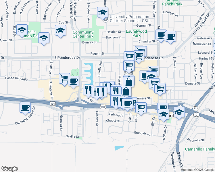map of restaurants, bars, coffee shops, grocery stores, and more near 361 Capistrano Court in Camarillo