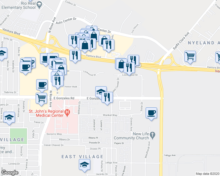 map of restaurants, bars, coffee shops, grocery stores, and more near 1901 Outlet Center Drive in Oxnard