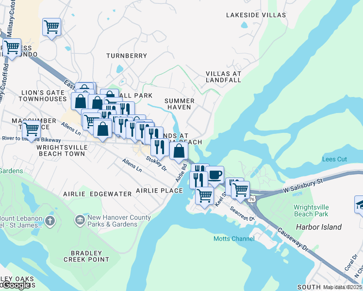 map of restaurants, bars, coffee shops, grocery stores, and more near 7239 U.S. 74 in Wilmington