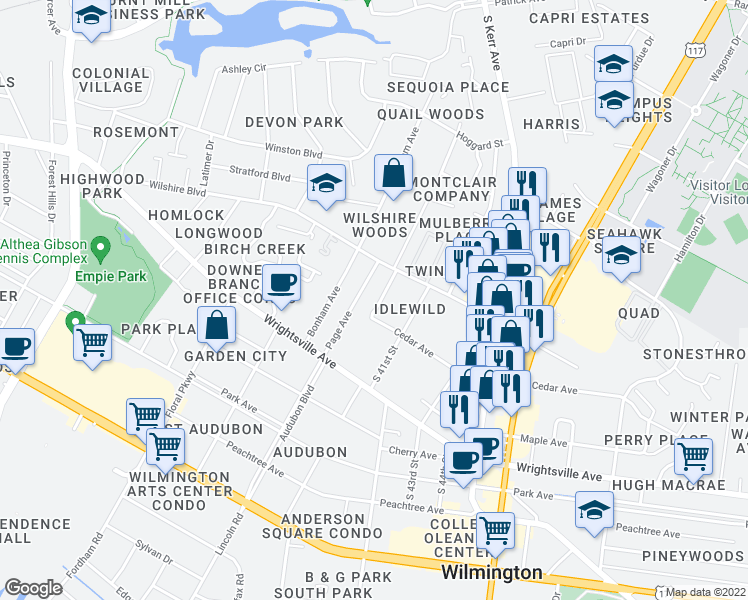 map of restaurants, bars, coffee shops, grocery stores, and more near 926 Montclair Drive in Wilmington