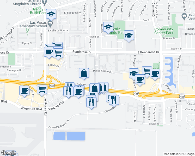 map of restaurants, bars, coffee shops, grocery stores, and more near 400 Rosewood Avenue in Camarillo