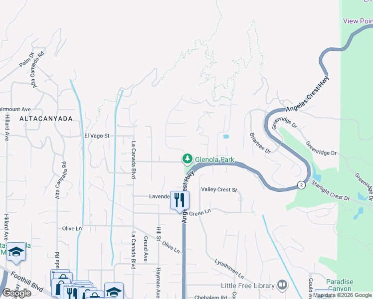 map of restaurants, bars, coffee shops, grocery stores, and more near 5222 Haskell Street in La Cañada Flintridge