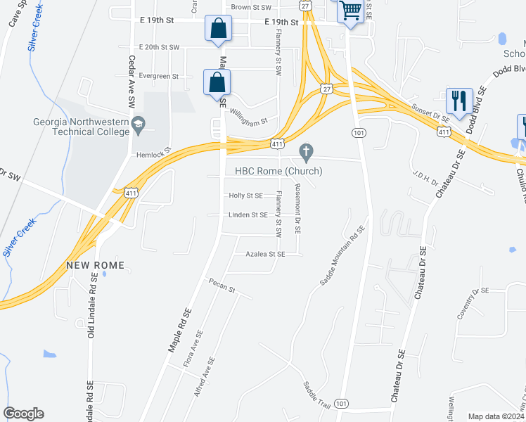 map of restaurants, bars, coffee shops, grocery stores, and more near 117 Linden Street Southeast in Rome