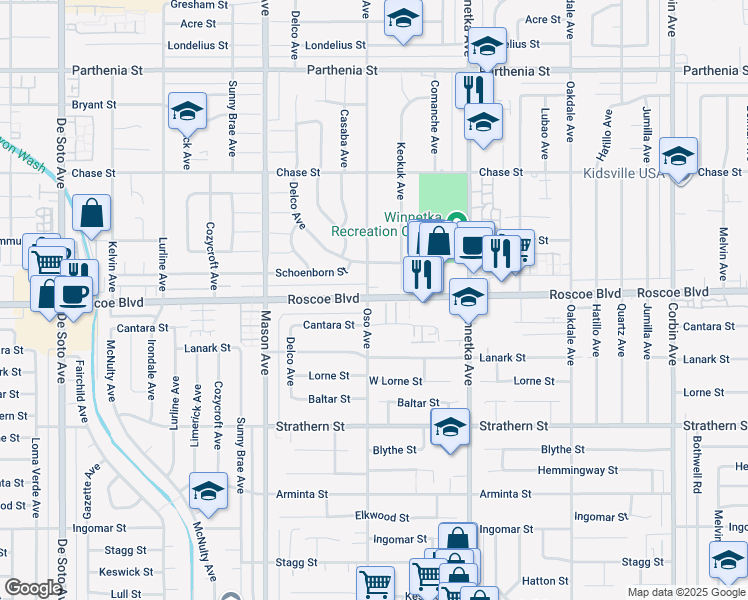 map of restaurants, bars, coffee shops, grocery stores, and more near 20258 Roscoe Blvd in Winnetka