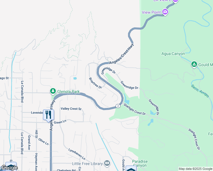map of restaurants, bars, coffee shops, grocery stores, and more near 5690 Bramblewood Road in La Cañada Flintridge
