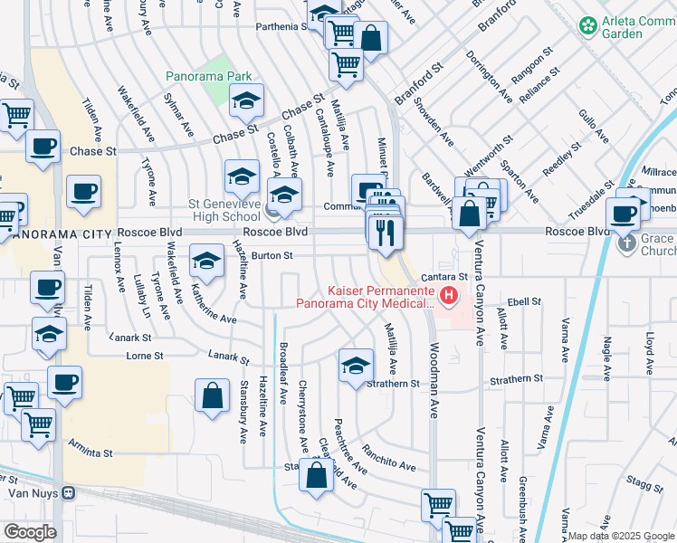 map of restaurants, bars, coffee shops, grocery stores, and more near 8208 Cantaloupe Avenue in Los Angeles
