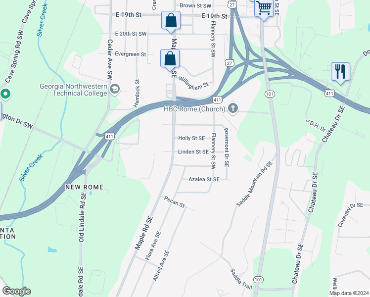map of restaurants, bars, coffee shops, grocery stores, and more near 103 Linden Street Southeast in Rome