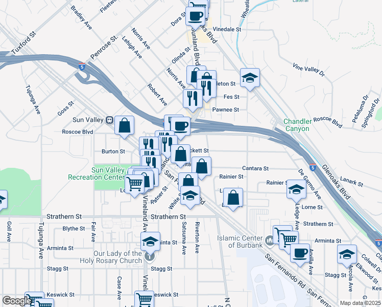 map of restaurants, bars, coffee shops, grocery stores, and more near 10842 Crockett Street in Los Angeles