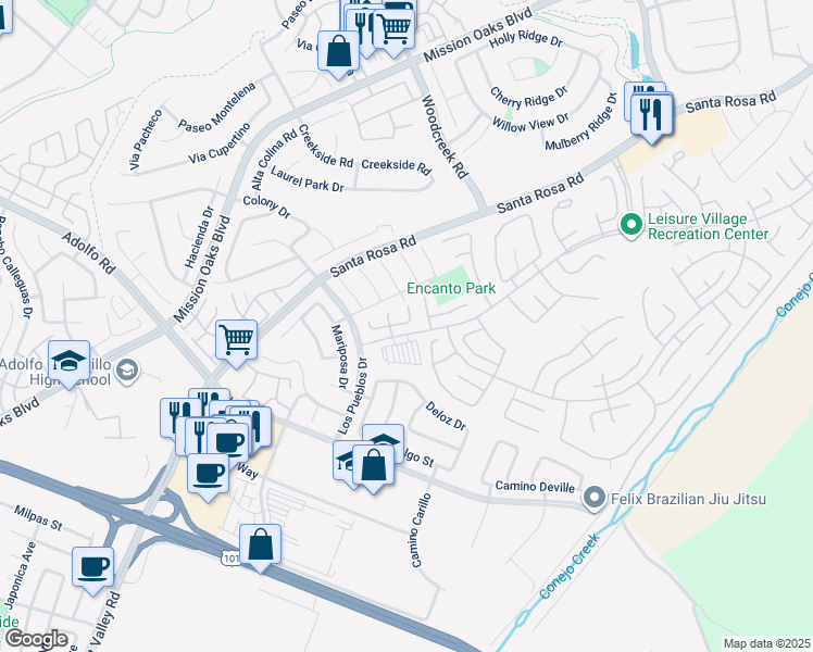map of restaurants, bars, coffee shops, grocery stores, and more near 1301 Village 1 in Camarillo