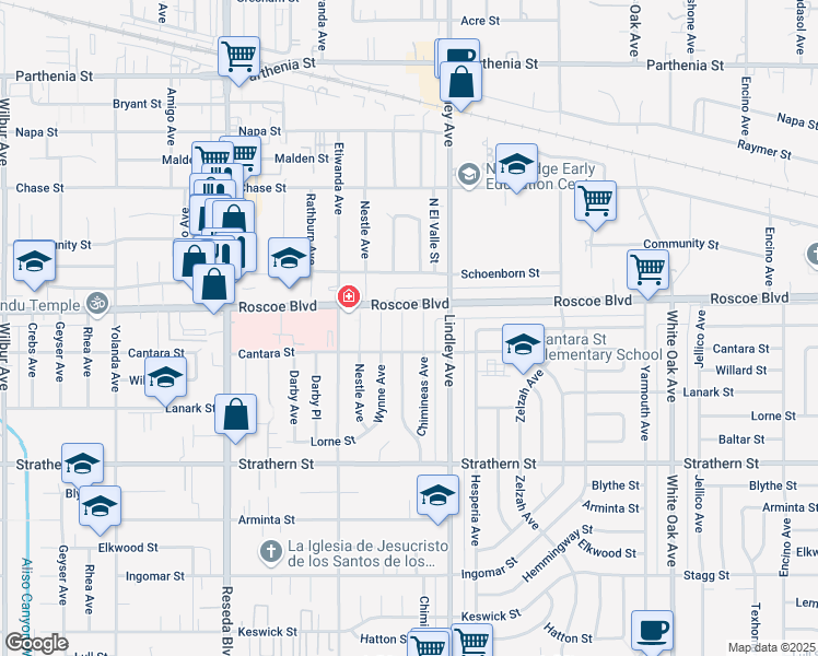 map of restaurants, bars, coffee shops, grocery stores, and more near 18129 Cantara Street in Los Angeles