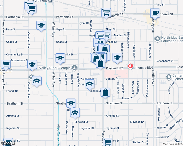 map of restaurants, bars, coffee shops, grocery stores, and more near 18539 Cantara Street in Los Angeles