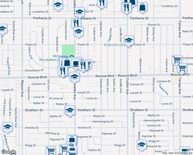 map of restaurants, bars, coffee shops, grocery stores, and more near 19926 Roscoe Boulevard in Los Angeles